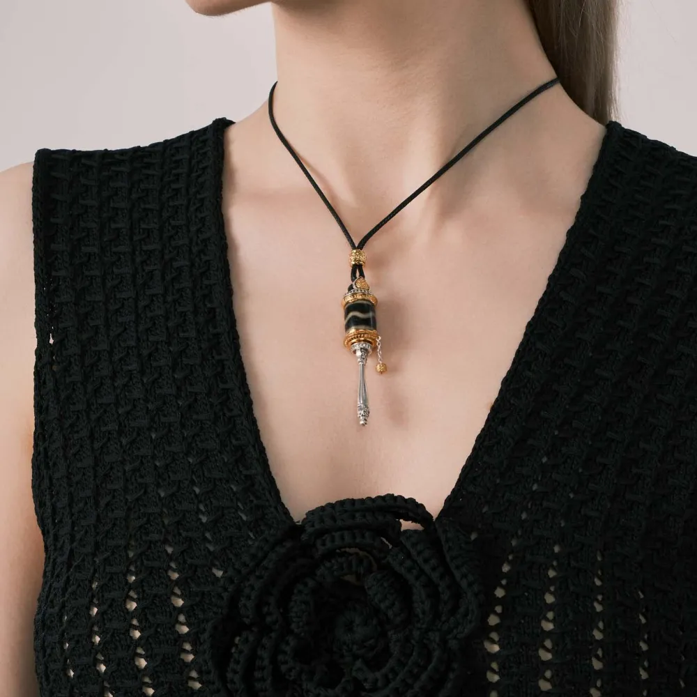 Tibetan Prayer Wheel Jewelry - Dzi Bead & Diamond Inlaid, Gold and Silver Plated - Wisdom Blessing, Health & Longevity Wishes