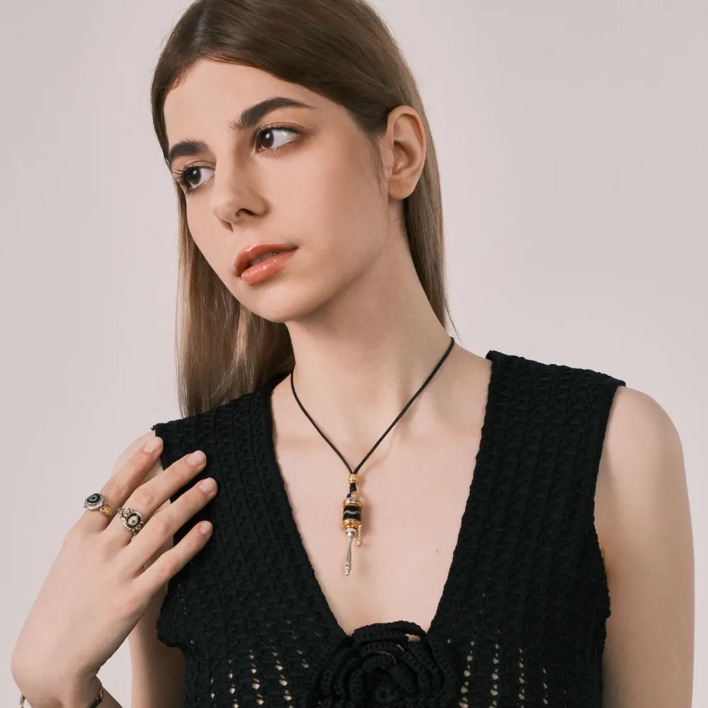 Tibetan Prayer Wheel Jewelry - Dzi Bead & Diamond Inlaid, Gold and Silver Plated - Wisdom Blessing, Health & Longevity Wishes