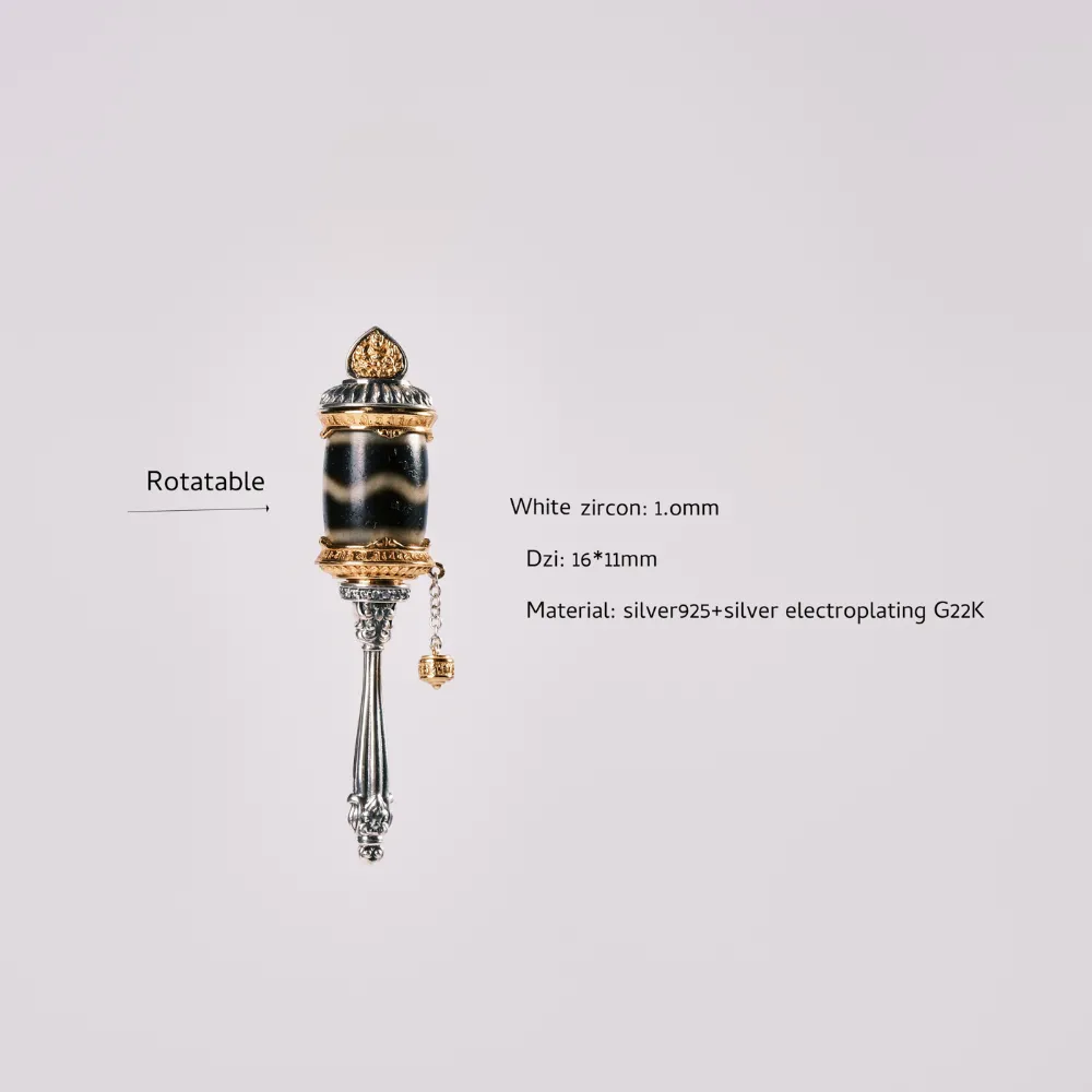 Tibetan Prayer Wheel Jewelry - Dzi Bead & Diamond Inlaid, Gold and Silver Plated - Wisdom Blessing, Health & Longevity Wishes