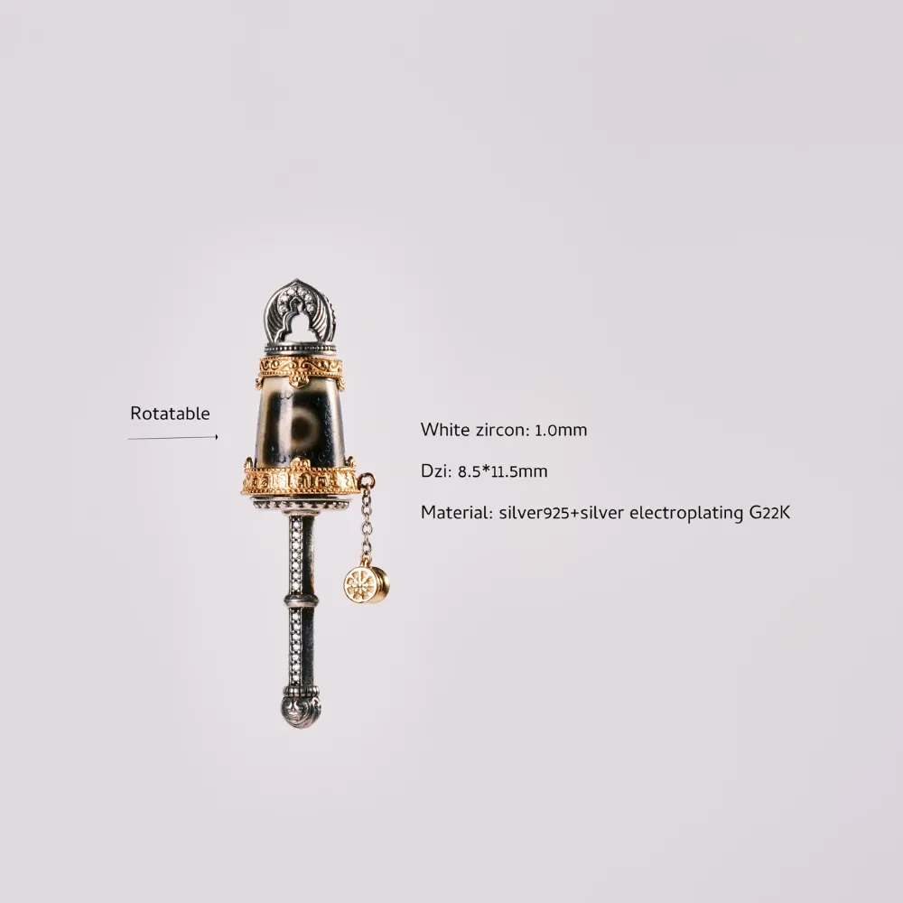 Tibetan Prayer Wheel Jewelry Inlaid with Three-Eye Dzi Bead & Diamond | Gold-Silver Plated | Wisdom, Health, Wealth Triple Blessing Amulet