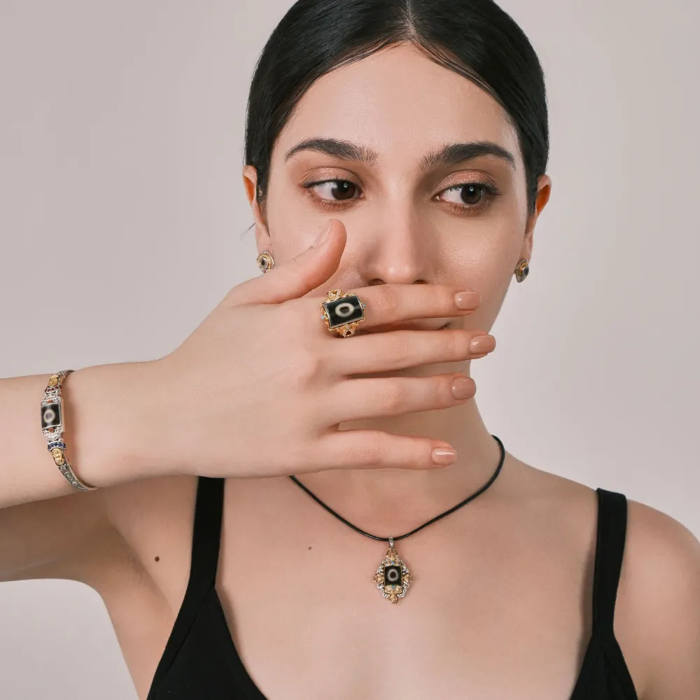 Single-Eye Dzi Bead Pendant with Turquoise & Diamonds | Gold-Silver Plated Tibetan Amulet | Ward Off Evil & Negative Energy Protection Jewelry