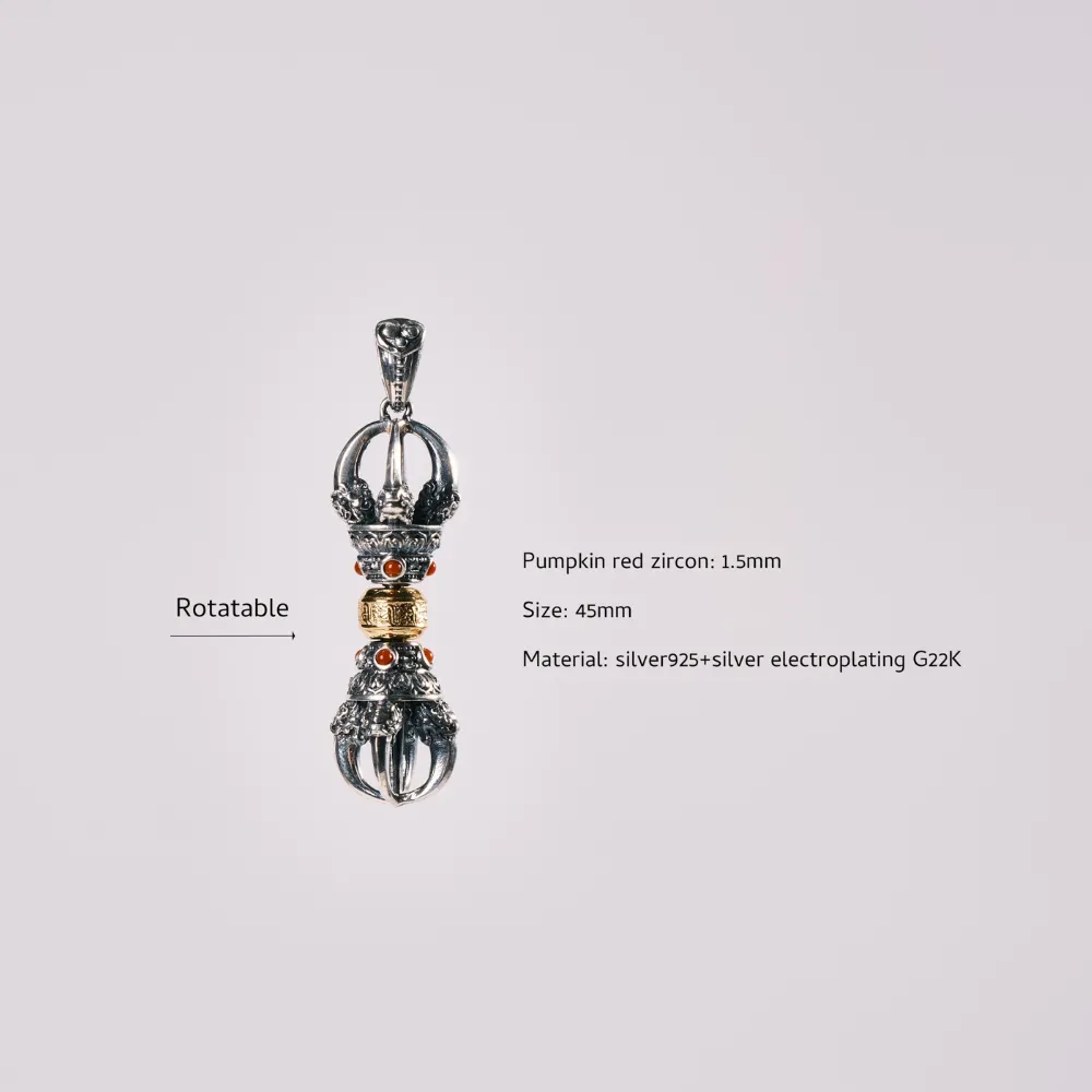 Vajra Pendant Inlaid with Pumpkin Red Zircon, Gold & Silver Plated - Powerful Protective Amulet, Tibetan Cultural Totem