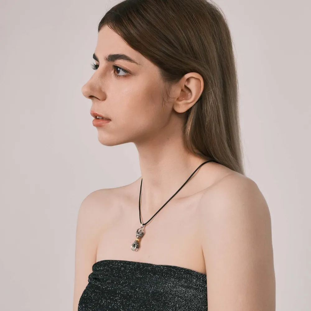 Vajra Pendant Inlaid with Pumpkin Red Zircon, Gold & Silver Plated - Powerful Protective Amulet, Tibetan Cultural Totem