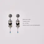 Tiger Tooth Dzi Bead Earrings Inlaid with White Diamonds & Turquoise - Oriental Auspicious Amulet, Stylish Statement Earrings