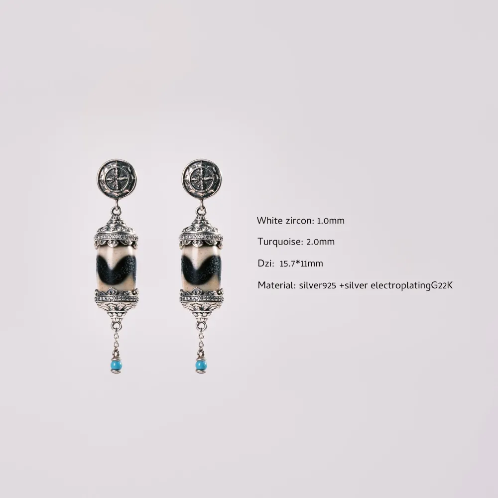 Tiger Tooth Dzi Bead Earrings Inlaid with White Diamonds & Turquoise - Oriental Auspicious Amulet, Stylish Statement Earrings