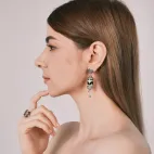 Tiger Tooth Dzi Bead Earrings Inlaid with White Diamonds & Turquoise - Oriental Auspicious Amulet, Stylish Statement Earrings