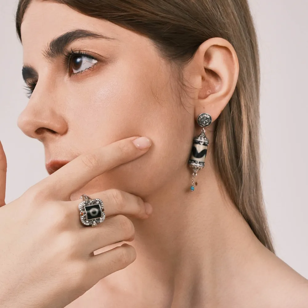 Tiger Tooth Dzi Bead Earrings Inlaid with White Diamonds & Turquoise - Oriental Auspicious Amulet, Stylish Statement Earrings