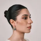 Dzi Bead Accessory Inlaid with White Diamonds & Pumpkin Red Zircons, Silver Plated - Eye-Catching Guardian, Keep a Clear Mind, Tibetan Wisdom Totem