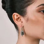 Dzi Bead Accessory Inlaid with White Diamonds & Pumpkin Red Zircons, Silver Plated - Eye-Catching Guardian, Keep a Clear Mind, Tibetan Wisdom Totem