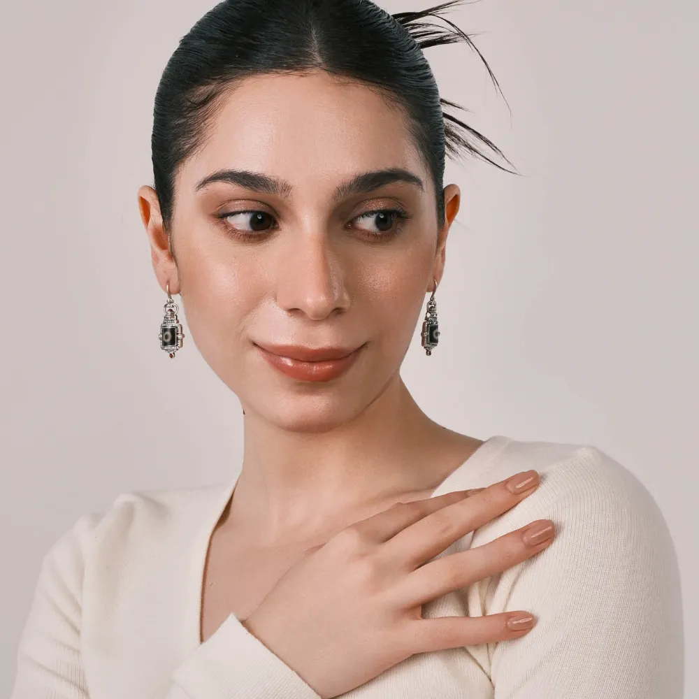 Dzi Bead Accessory Inlaid with White Diamonds & Pumpkin Red Zircons, Silver Plated - Eye-Catching Guardian, Keep a Clear Mind, Tibetan Wisdom Totem