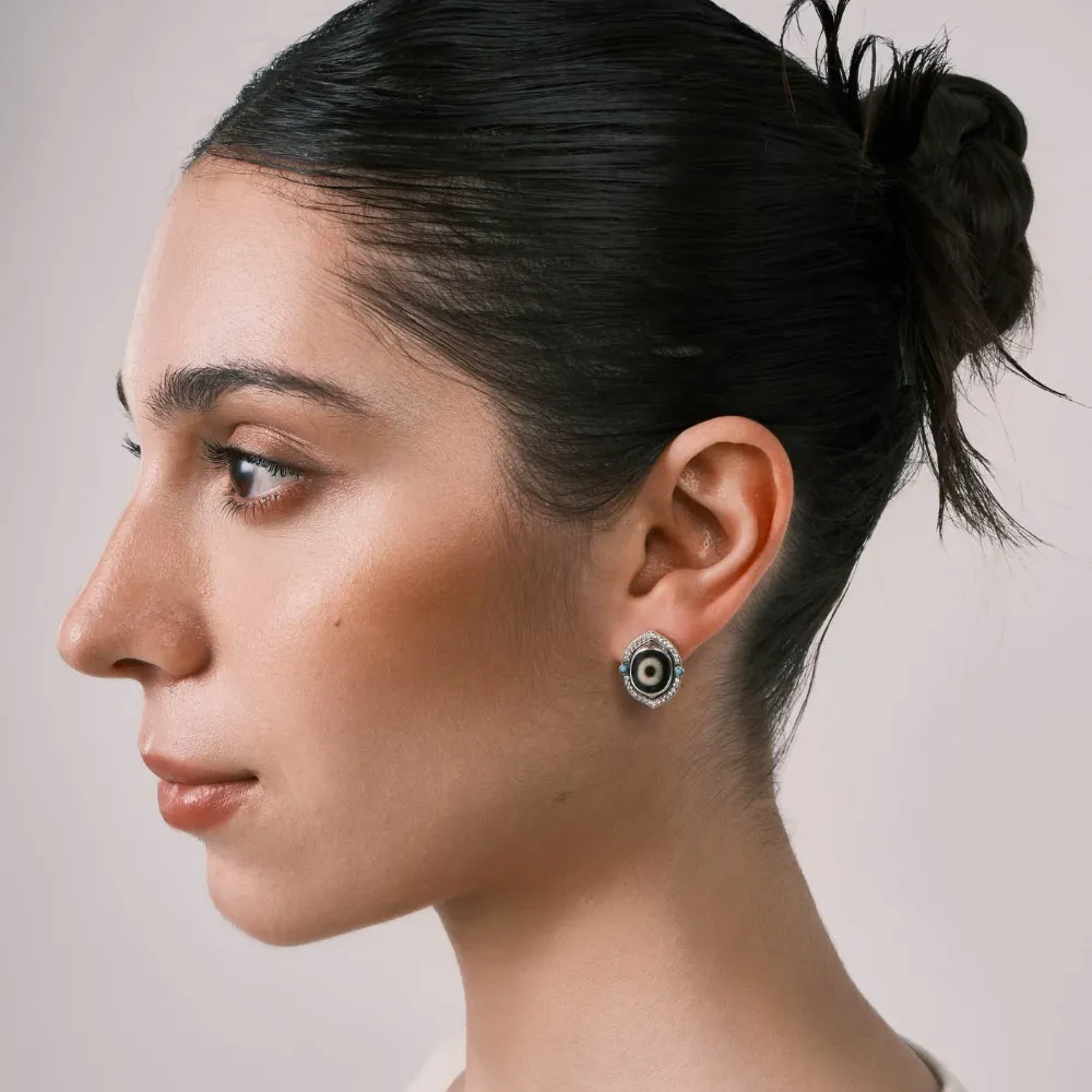 Single-Eye Dzi Bead Accessory Inlaid with White Diamonds & Turquoise, Silver-Plated - Compact Guardian Totem, Wisdom Companion