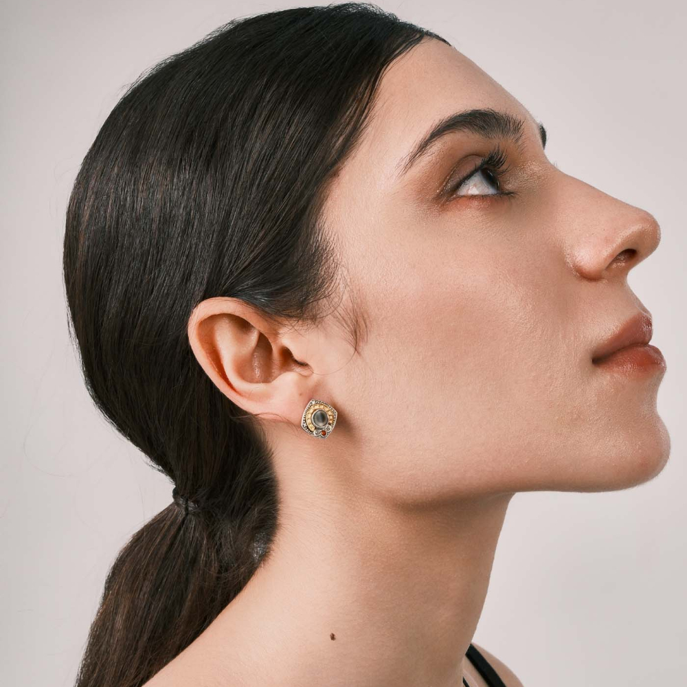 Tibetan Style Dzi Bead Pendant with White Diamonds & Pumpkin Red Zircons, Gold & Silver Plated - Vintage Fashion Daily Jewelry