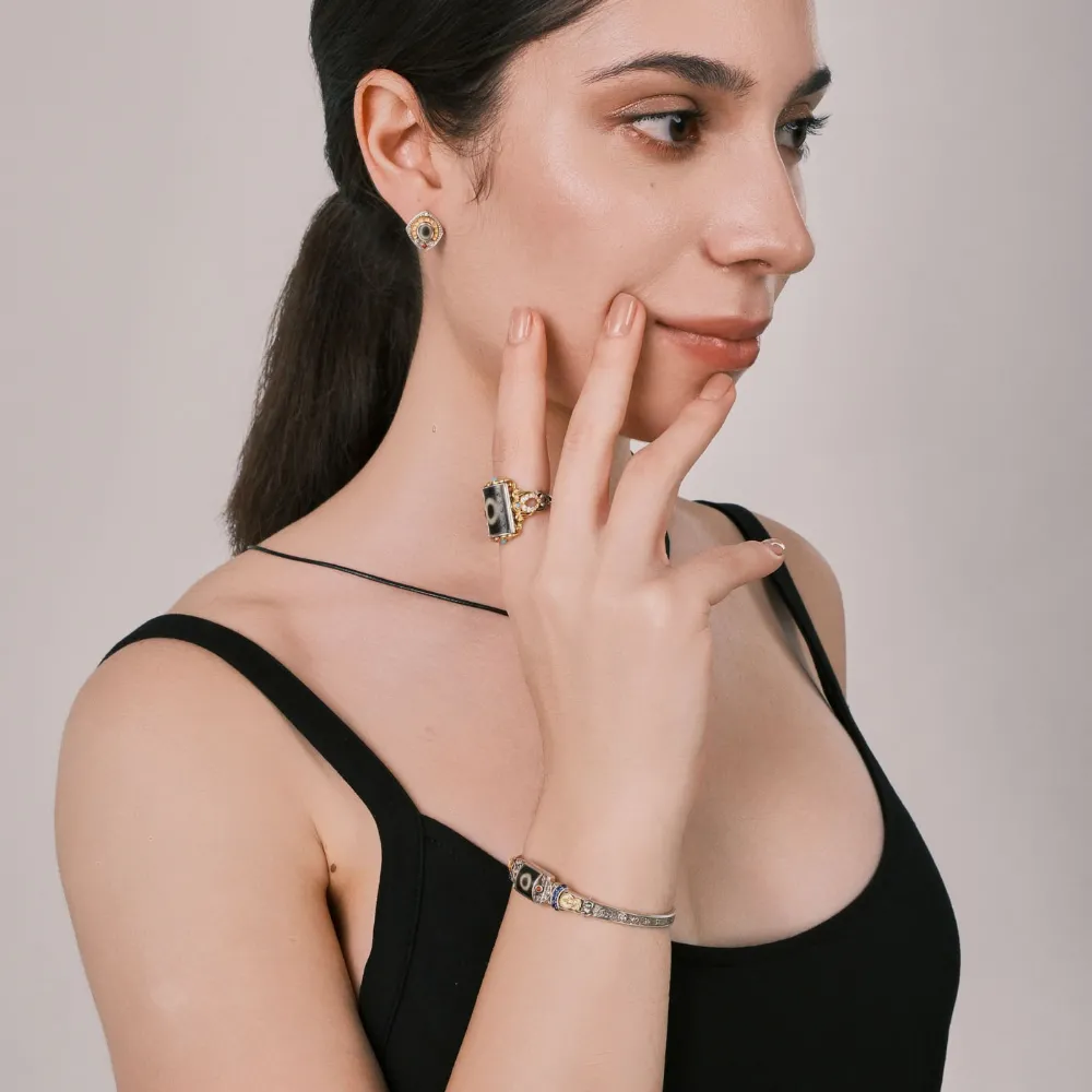 Tibetan Style Dzi Bead Pendant with White Diamonds & Pumpkin Red Zircons, Gold & Silver Plated - Vintage Fashion Daily Jewelry