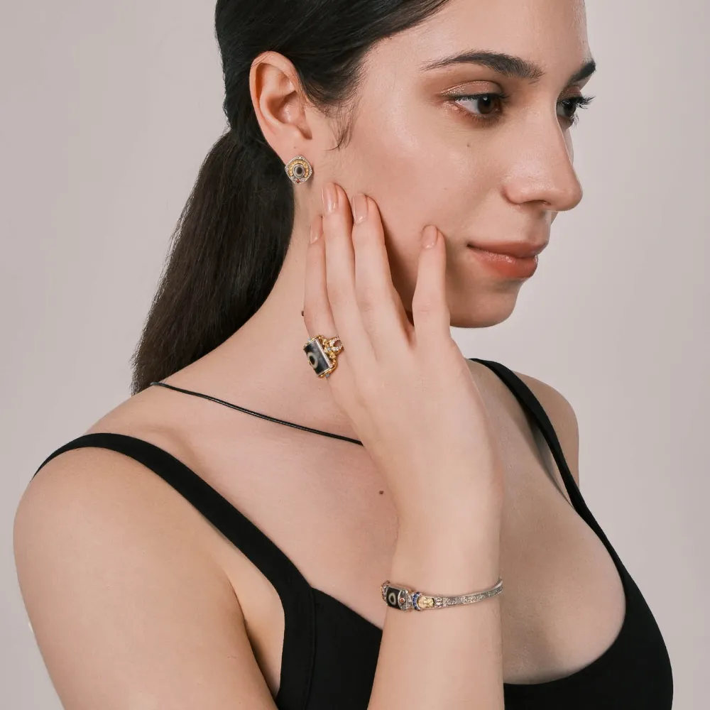 Tibetan Style Dzi Bead Pendant with White Diamonds & Pumpkin Red Zircons, Gold & Silver Plated - Vintage Fashion Daily Jewelry