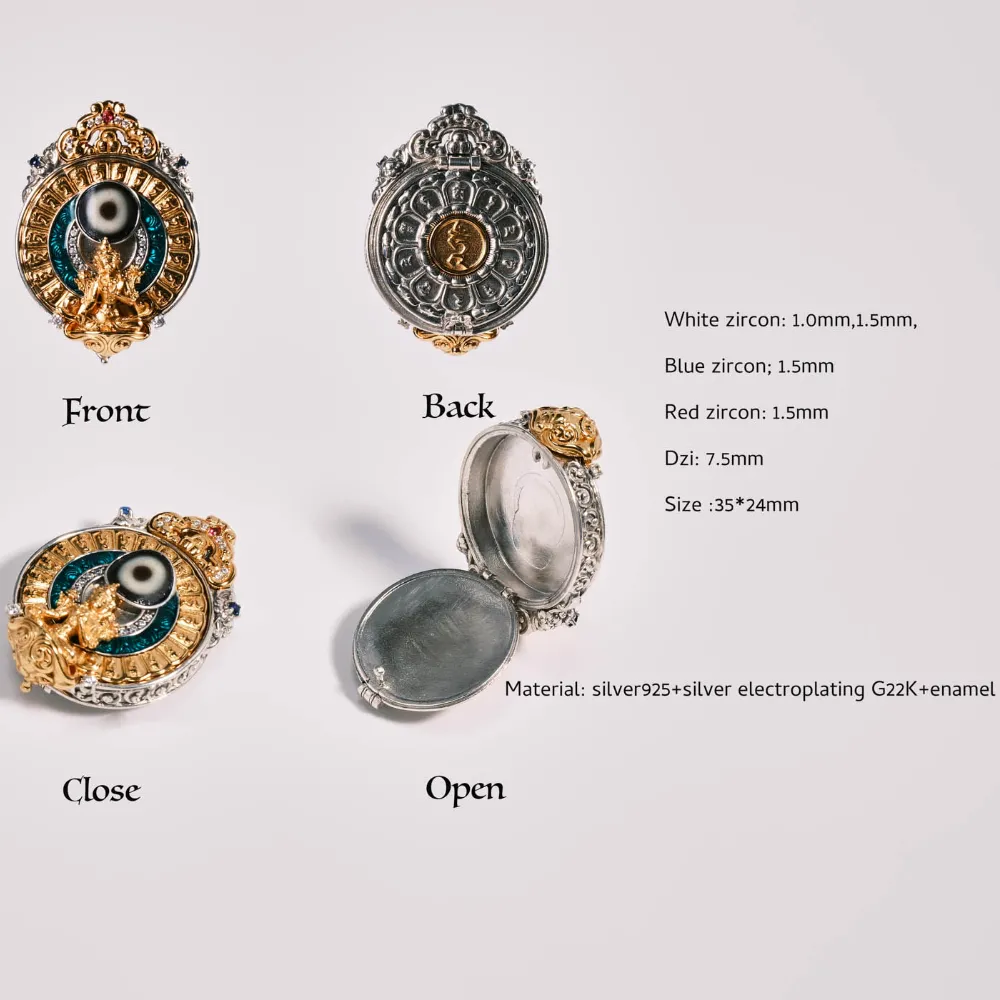 Single-Eye Dzi Bead Gau Box Pendant, Inlaid with White/Blue/Red Diamonds, Gold & Silver Plated - Protective Amulet with Storage, Tibetan Noble Style Accessory