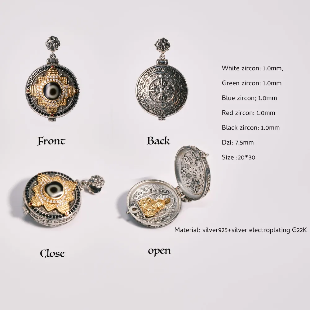 Single-Eye Dzi Bead Gau Box Pendant, Inlaid with White/Blue/Red Diamonds, Gold & Silver Plated, Protective Amulet with Storage Function
