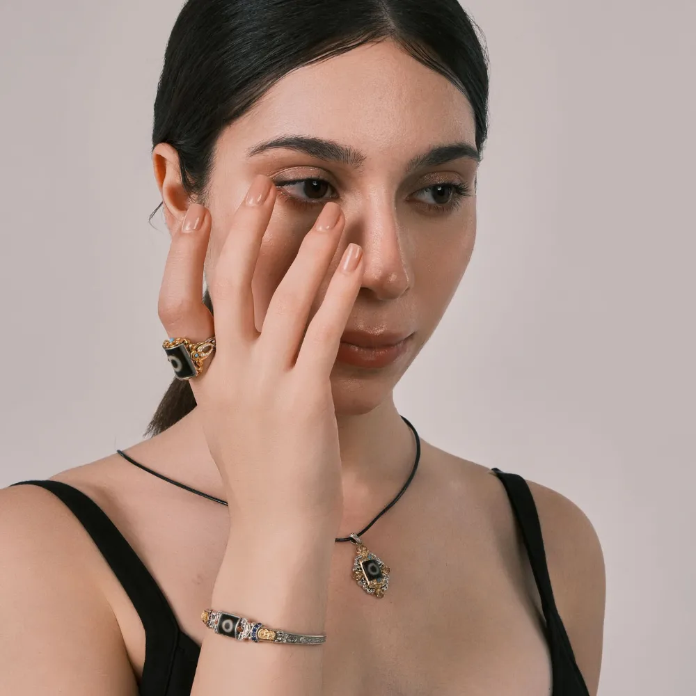 One-Eye Dzi Bead Bracelet with Blue & Red Diamonds, Pumpkin Red Zircon – Mysterious Luxury Party Statement Piece, Custom High-End Accessory