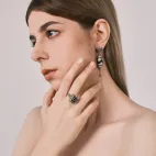 Openable Flower Gau Box Ring Inlaid with White Diamonds, Pumpkin Red Zircons & One-Eye Dzi Bead - Protective Wisdom Blessing Ring