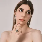 Openable Flower Gau Box Ring Inlaid with White Diamonds, Pumpkin Red Zircons & One-Eye Dzi Bead - Protective Wisdom Blessing Ring