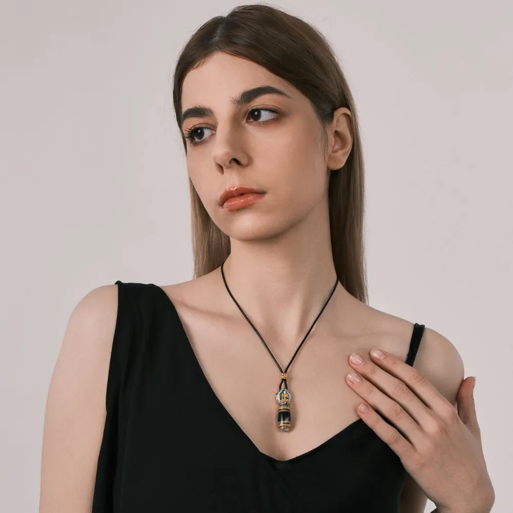 Rotatable Vajra Green Tara Dzi Bead Pendant - Lotus & Guardian Symbol, Energy Cycle Amulet, Tibetan Spiritual Jewelry