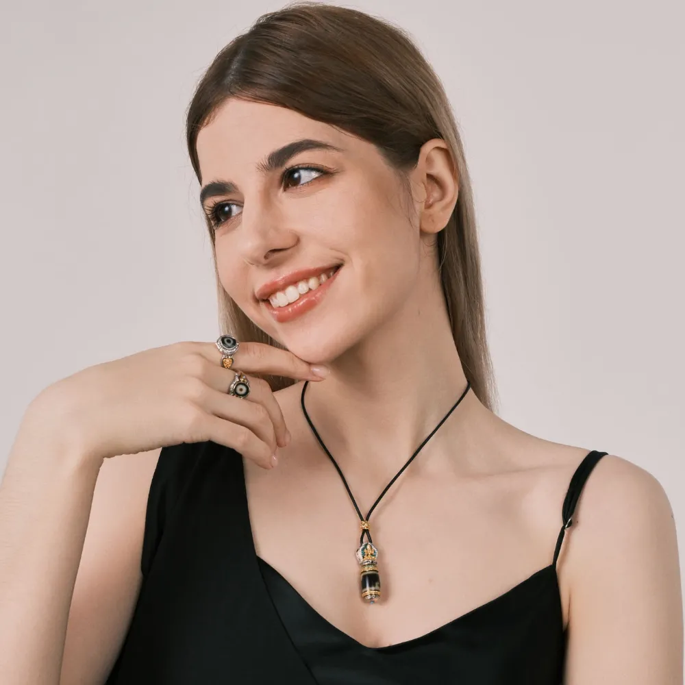 Rotatable Vajra Green Tara Dzi Bead Pendant - Lotus & Guardian Symbol, Energy Cycle Amulet, Tibetan Spiritual Jewelry