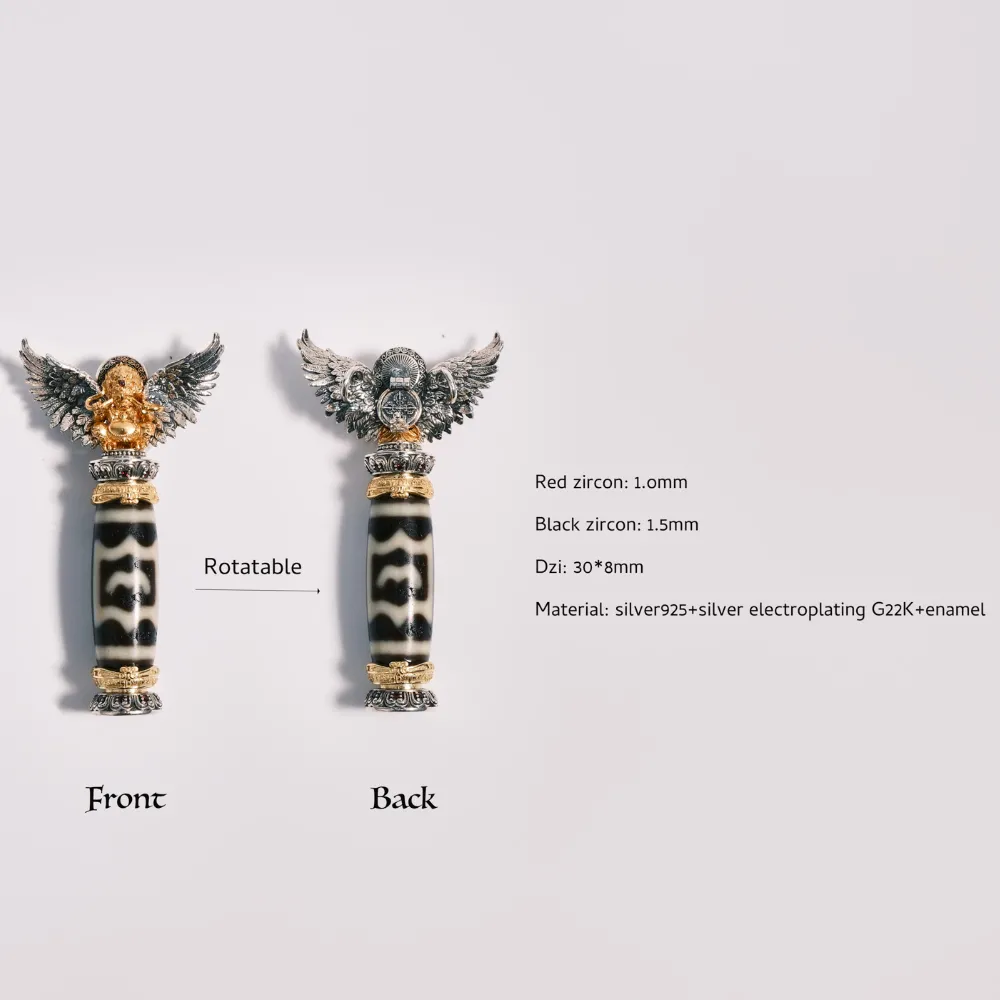 Garuda Pendant on Lotus Base with Unique Totem Dzi Bead - Indestructible Energy Shield