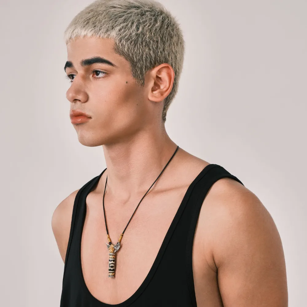 Garuda Pendant on Lotus Base with Unique Totem Dzi Bead - Indestructible Energy Shield