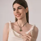 Natural Agate Pendant with Ancient Etching - 3-Eye Dzi Bead & Two-Tone Zh巴扎, Spinnable Design Inlaid with Diamonds & Zircons