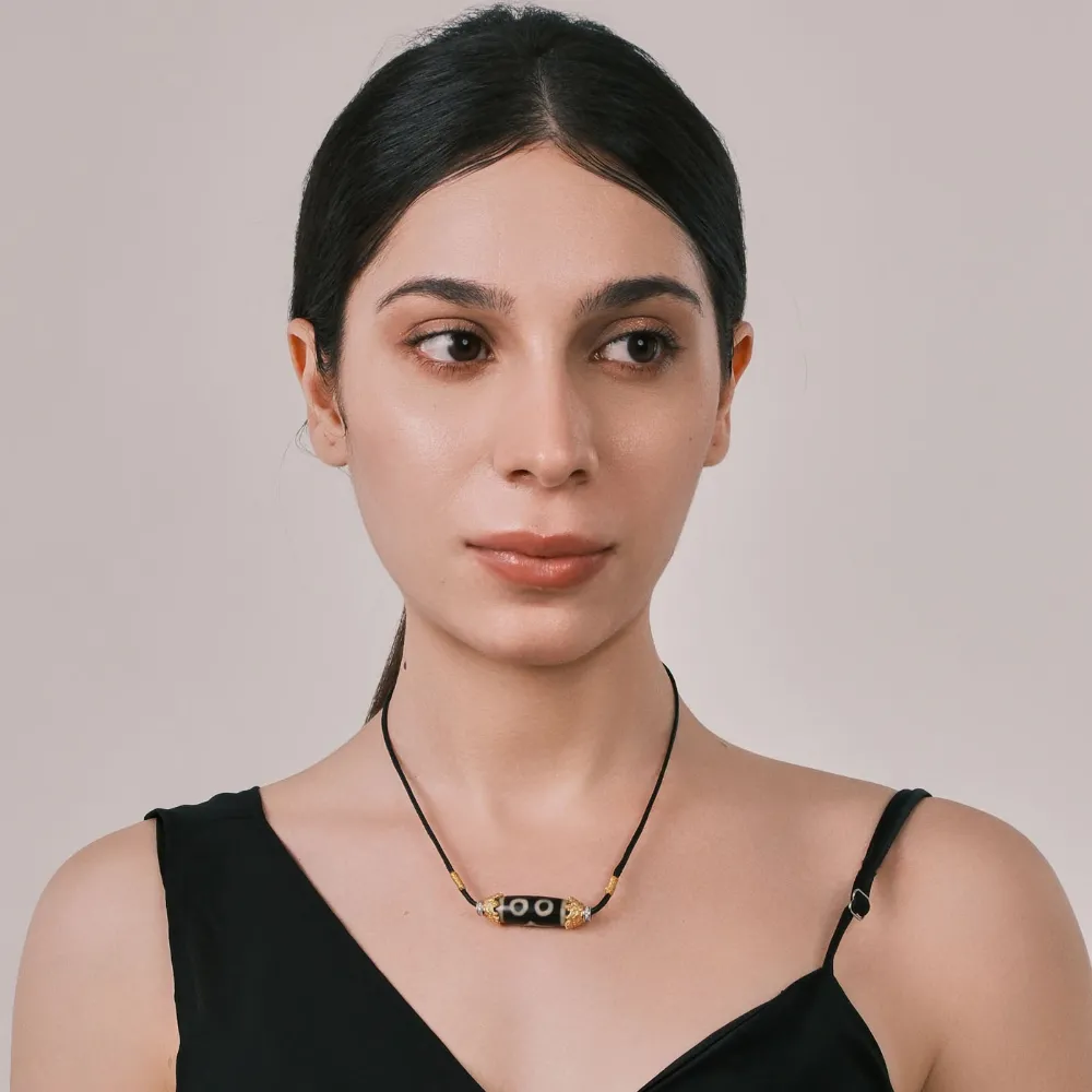 Three-Eye Dzi Bead Pendant, Gold Flower Embrace with High Relief, Thick Gold-Plated, Symbolizing Past Present Future, Tibetan Wisdom Amulet