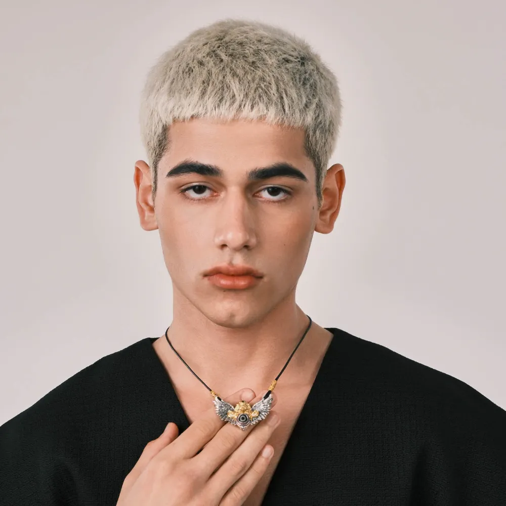 Tibetan Garuda Pendant - Multi-Gem Inlaid (White/Black/Red Diamonds, Turquoise) Gold & Silver Plated - Men's Power Amulet for Overcoming Obstacles