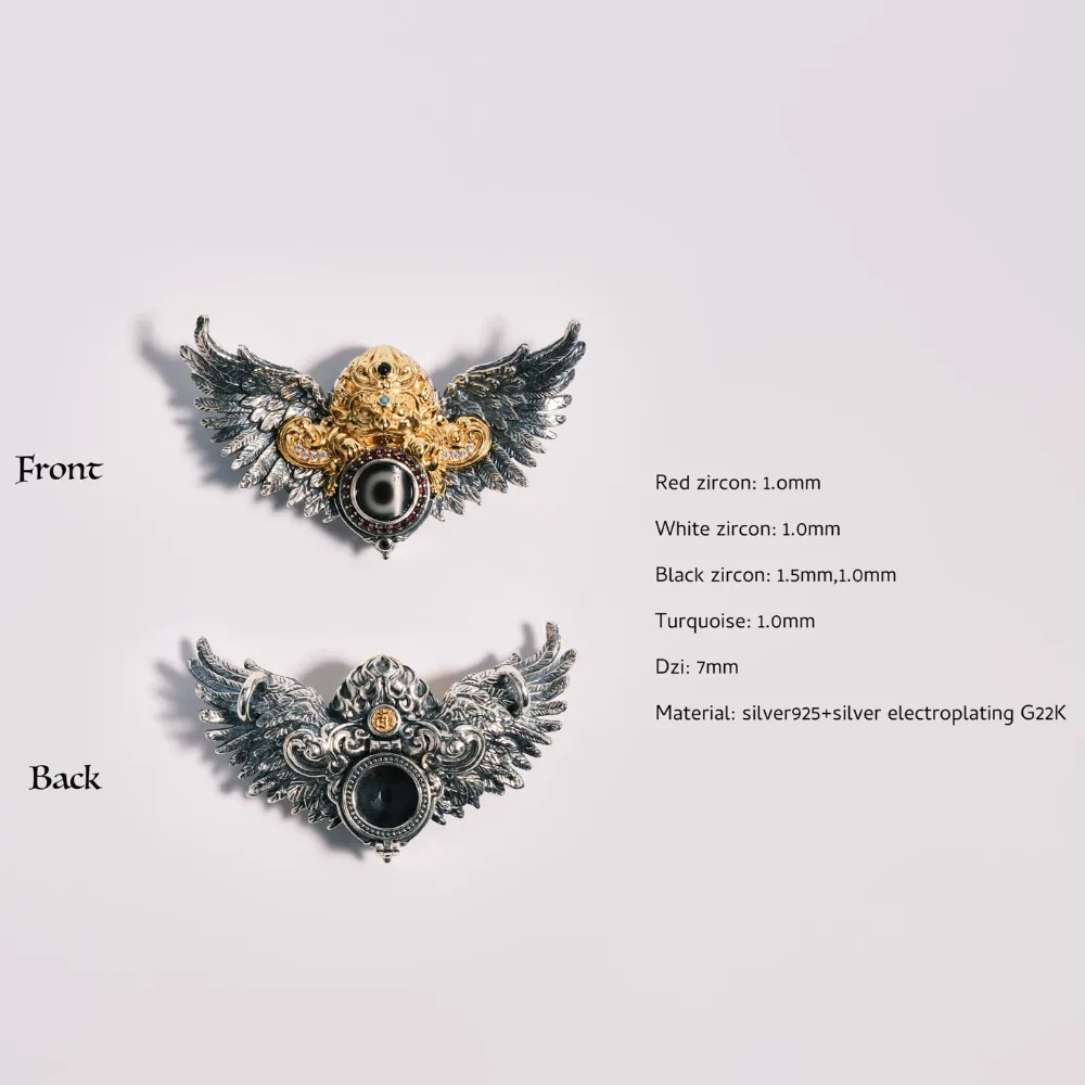 Tibetan Garuda Pendant - Multi-Gem Inlaid (White/Black/Red Diamonds, Turquoise) Gold & Silver Plated - Men's Power Amulet for Overcoming Obstacles