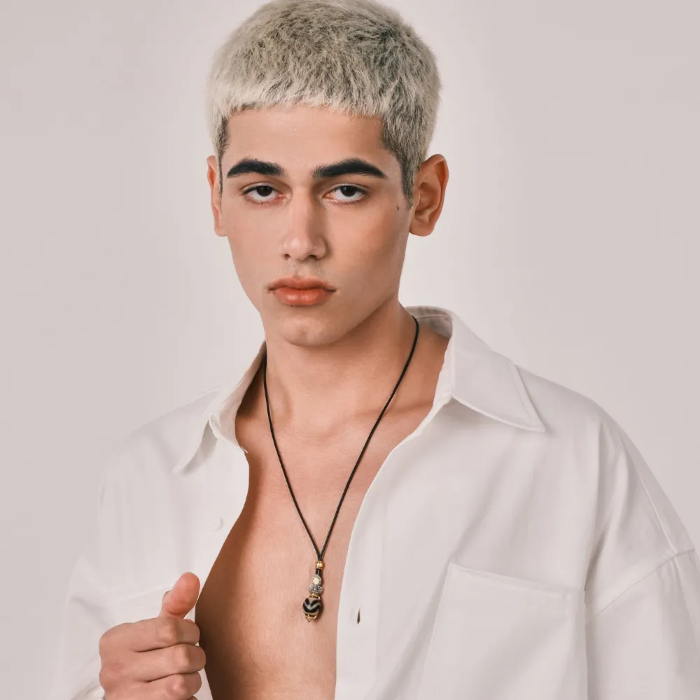 Tibetan Daluo Dzi Bead Jewelry - Portable Energy Field with Hand-Carved Protector, Inlaid with Pumpkin Red Zircons & Colored Diamonds