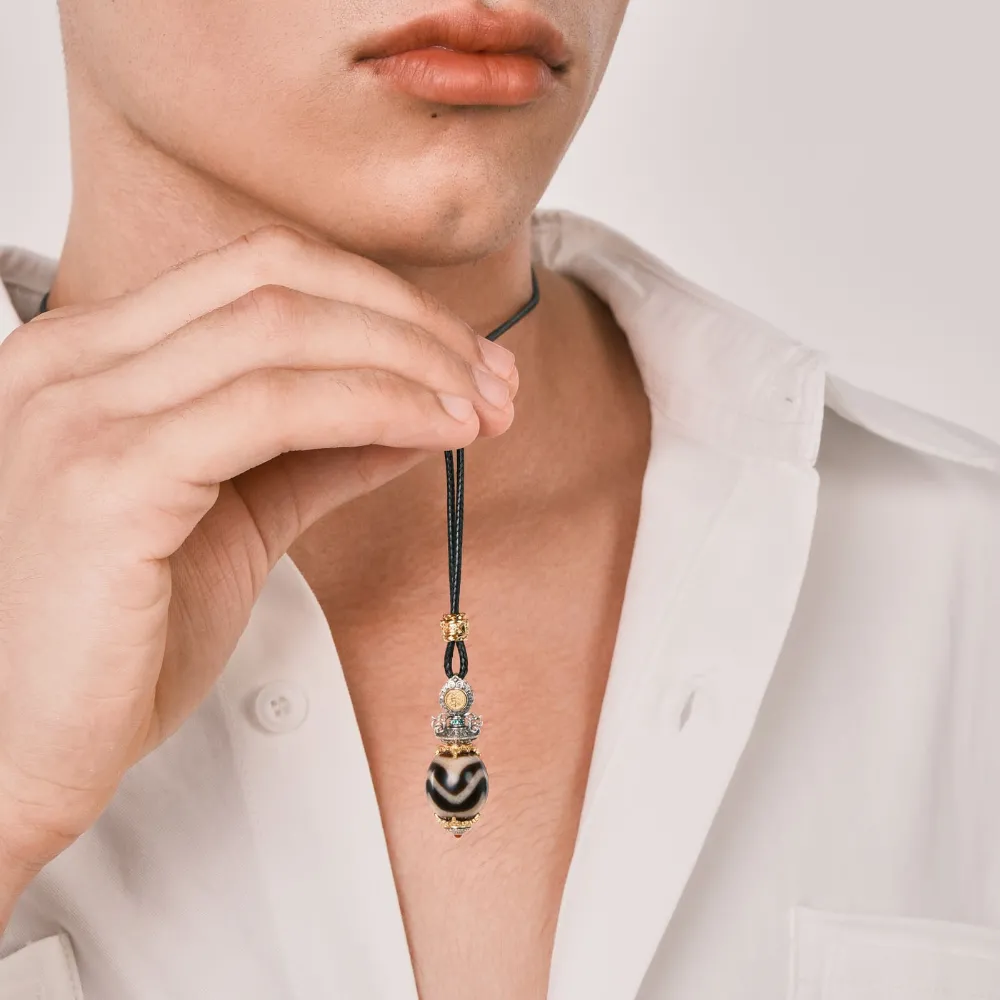 Tibetan Daluo Dzi Bead Jewelry - Portable Energy Field with Hand-Carved Protector, Inlaid with Pumpkin Red Zircons & Colored Diamonds