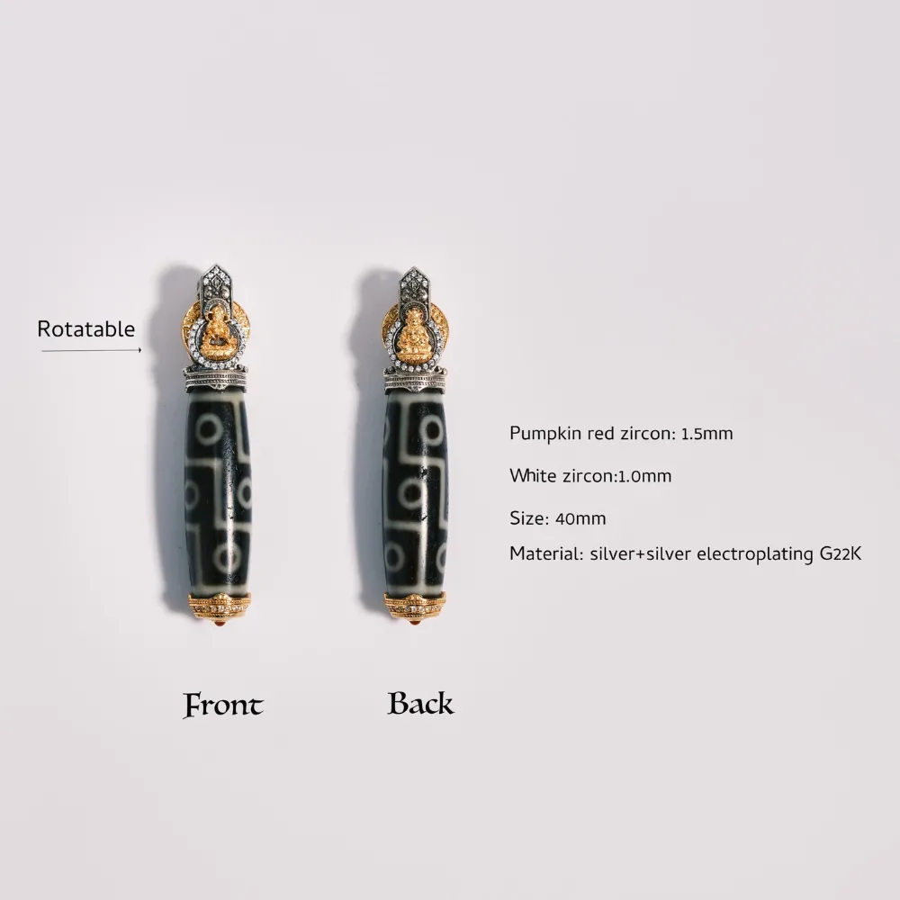 9-Eye Dzi Bead Pendant, Spinnable Prayer Wheel, Double Protector Deities Carving - White Diamonds & Pumpkin Red Zircons for Wealth & Love Luck