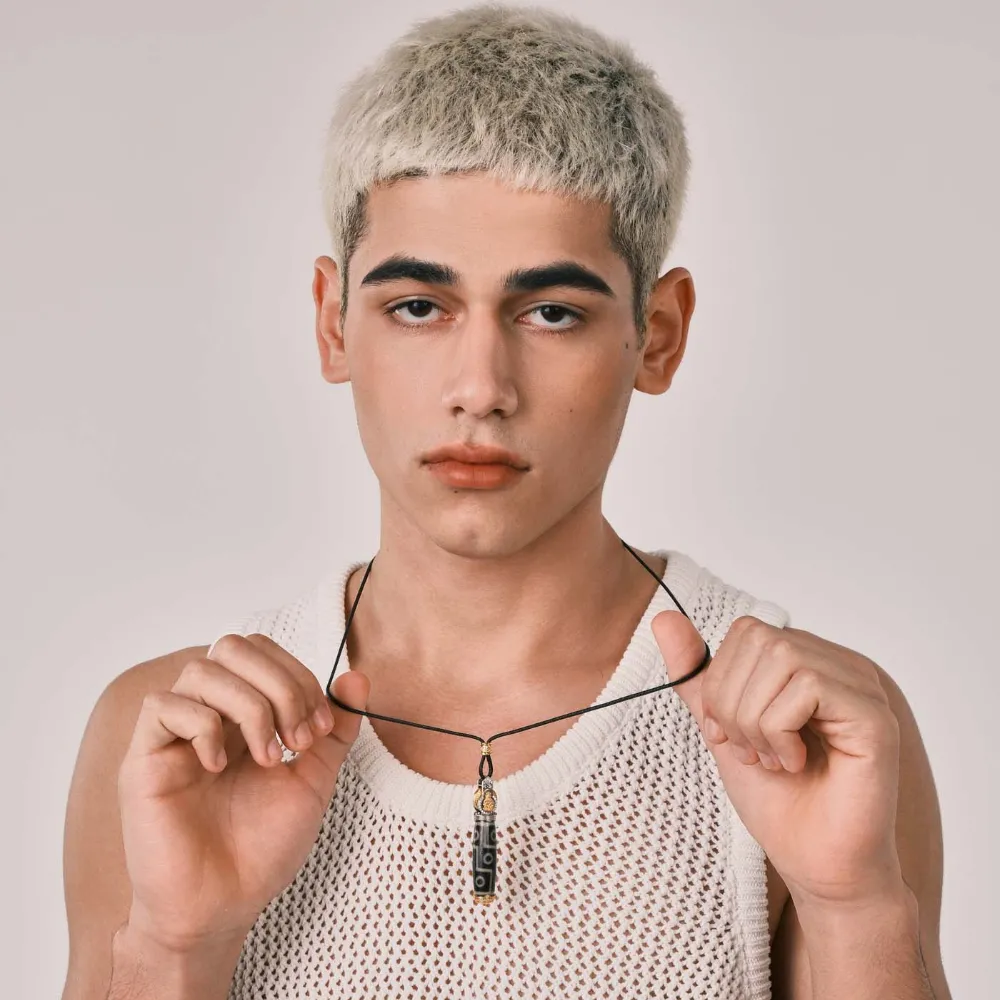 9-Eye Dzi Bead Pendant, Spinnable Prayer Wheel, Double Protector Deities Carving - White Diamonds & Pumpkin Red Zircons for Wealth & Love Luck