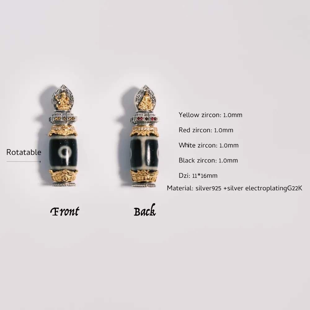 Di Men Two-Eye Dzi Bead Pendant - Sacred Architectural Relief Design, Pave-Set Diamonds & Gemstones, Energy Totem Amulet