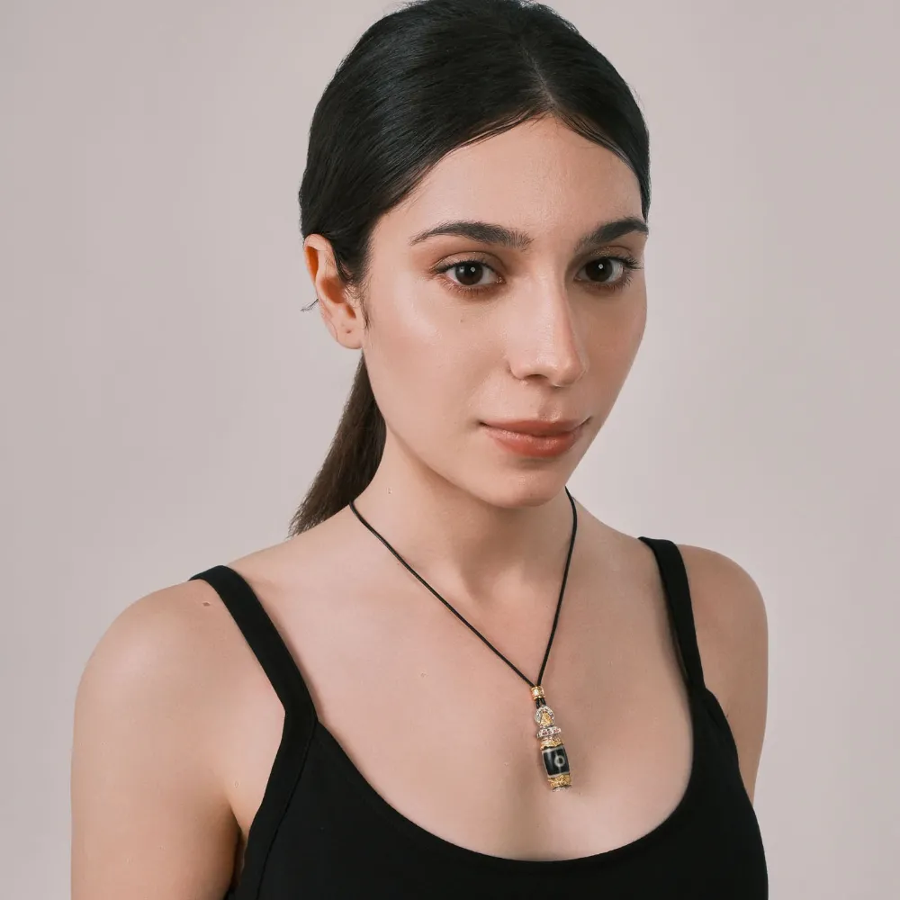 Di Men Two-Eye Dzi Bead Pendant - Sacred Architectural Relief Design, Pave-Set Diamonds & Gemstones, Energy Totem Amulet