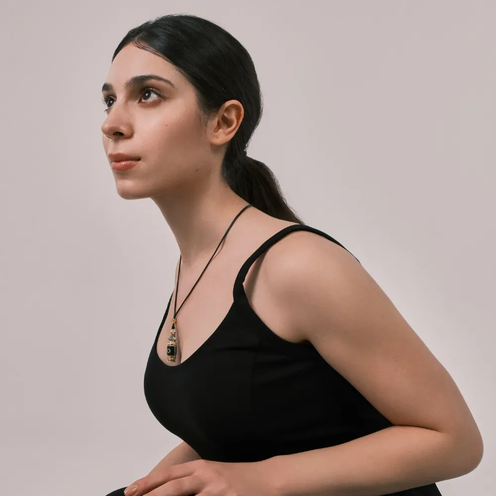 Di Men Two-Eye Dzi Bead Pendant - Sacred Architectural Relief Design, Pave-Set Diamonds & Gemstones, Energy Totem Amulet