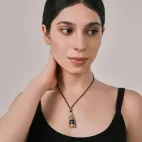 Di Men Two-Eye Dzi Bead Pendant - Sacred Architectural Relief Design, Pave-Set Diamonds & Gemstones, Energy Totem Amulet