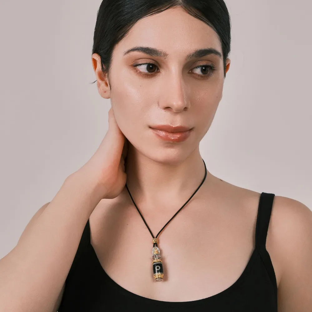 Di Men Two-Eye Dzi Bead Pendant - Sacred Architectural Relief Design, Pave-Set Diamonds & Gemstones, Energy Totem Amulet