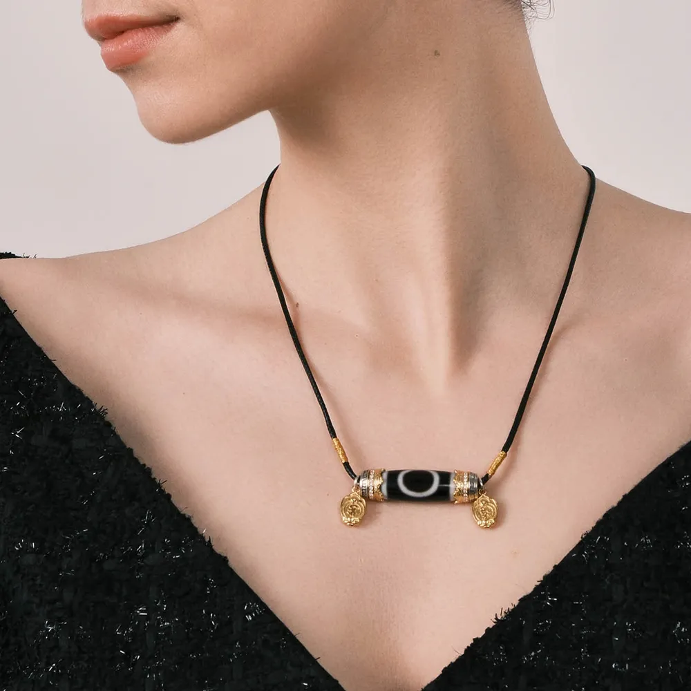 Heaven & Earth Dzi Bead Pendant - Cosmic Energy Balance Amulet with Exquisite Flexible Side Pendants