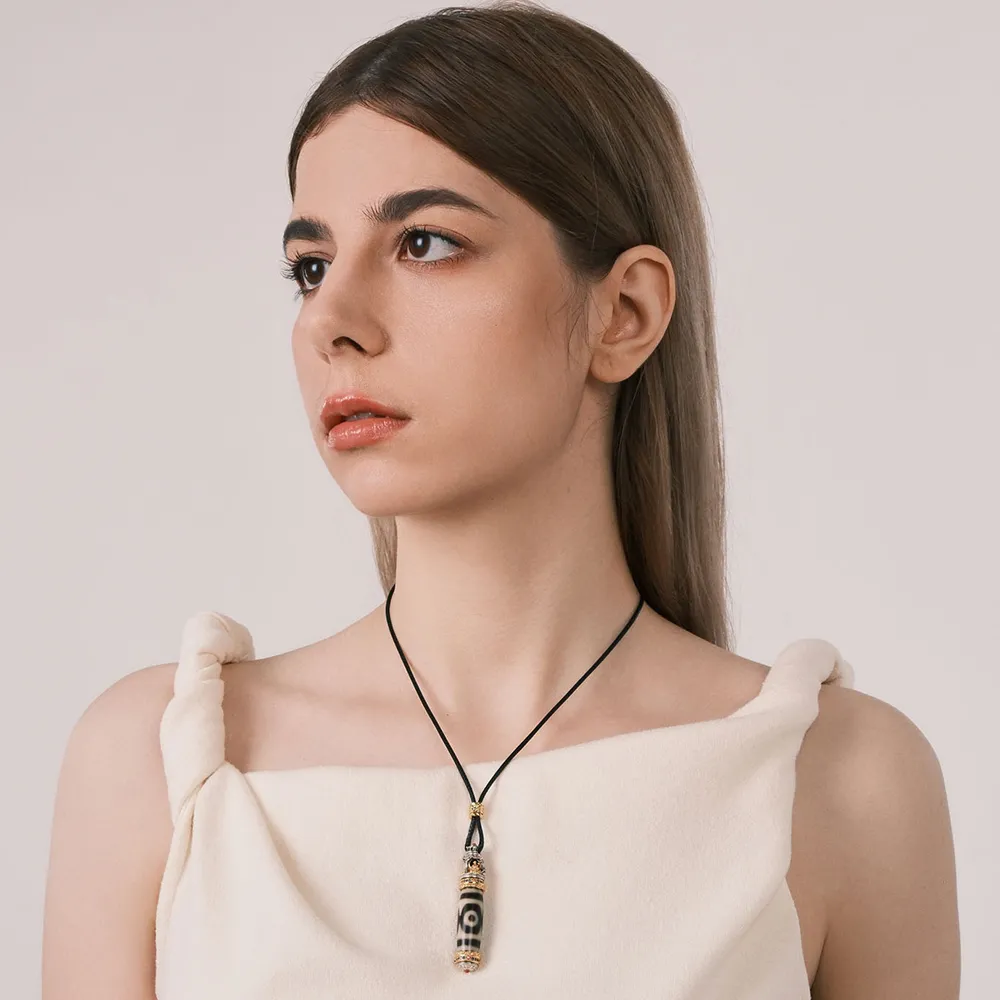 Mini Three-Eye Dzi Bead Pendant - Tibetan Ancient Architecture Micro-Carving Necklace, Matte Gold-Plated Sun & Moon Guardian Amule