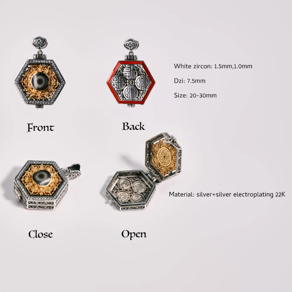 Hexagonal Gold-Plated Gau Box Pendant with One-Eye Dzi Bead – Premium Prayer Talisman & Dignified Accessory