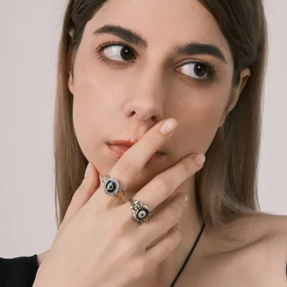 Tibetan Dzi Bead Ring - Gold-Plated Lucky Amulet with Natural Diamond & Turquoise for Women