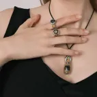 Tibetan Dzi Bead Ring - Gold-Plated Lucky Amulet with Natural Diamond & Turquoise for Women