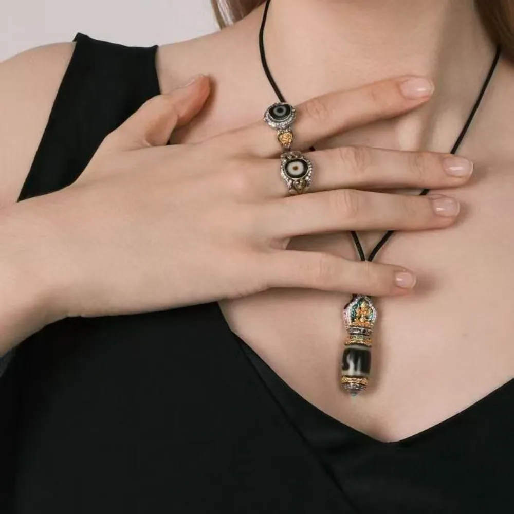 Tibetan Dzi Bead Ring - Gold-Plated Lucky Amulet with Natural Diamond & Turquoise for Women