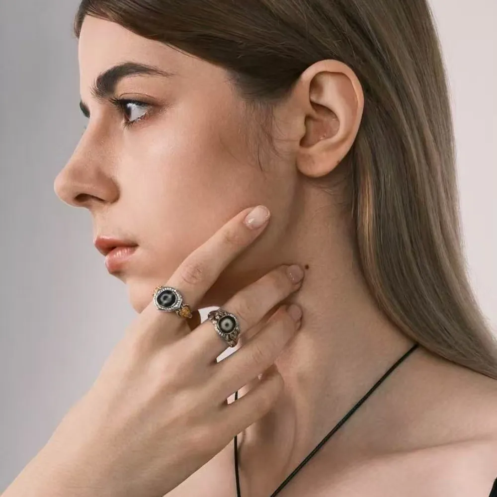 Tibetan Dzi Bead Ring - Gold-Plated Lucky Amulet with Natural Diamond & Turquoise for Women