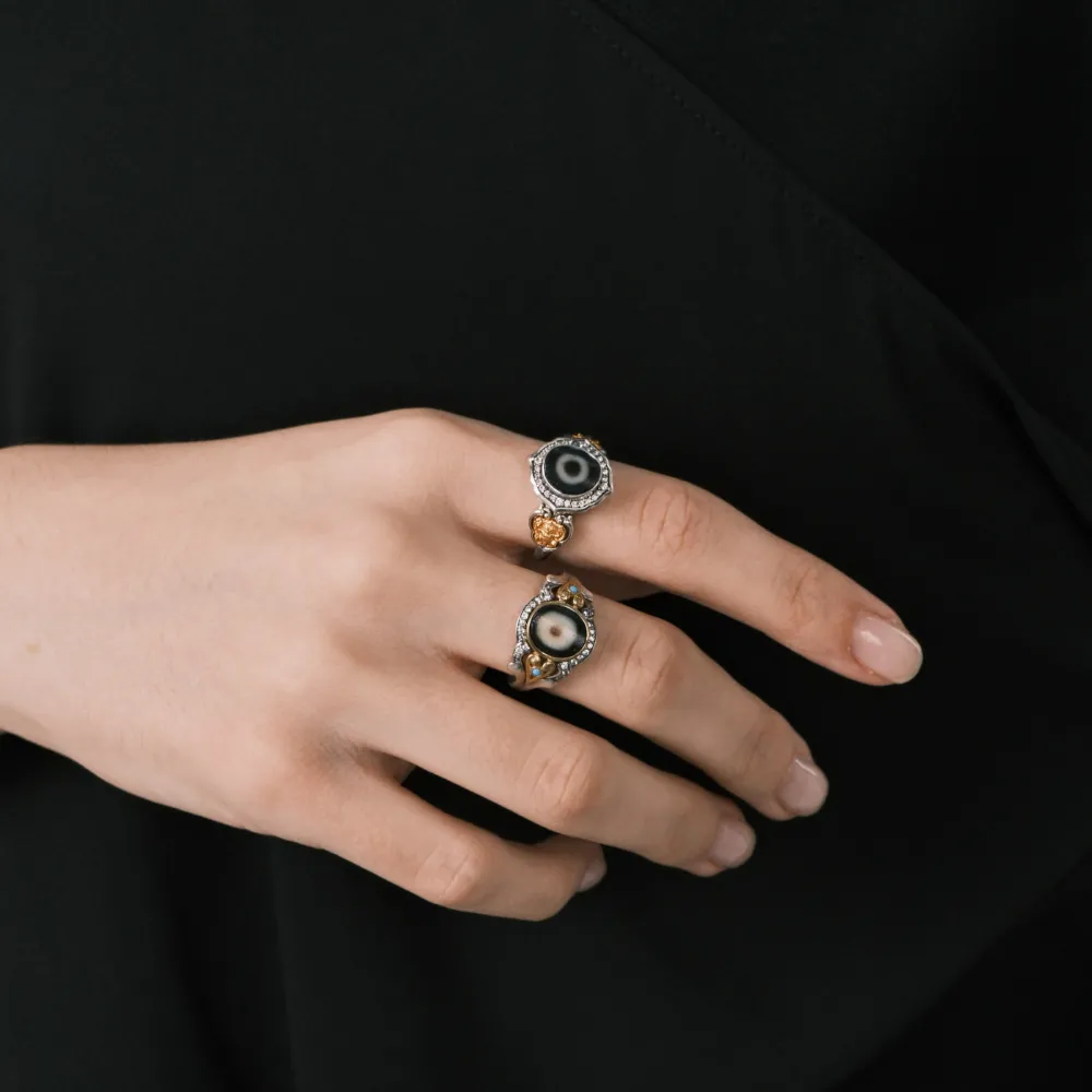 Tibetan Dzi Bead Ring - Gold-Plated Lucky Amulet with Natural Diamond & Turquoise for Women