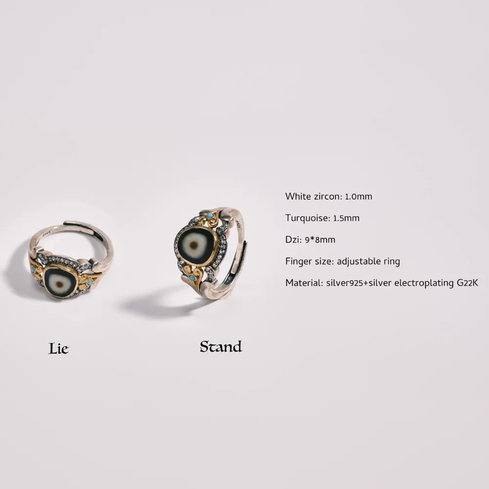 Tibetan Dzi Bead Ring - Gold-Plated Lucky Amulet with Natural Diamond & Turquoise for Women